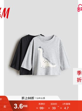 HM童装男婴T恤2件装2024冬季新品休闲时尚舒适柔软长袖T恤1236875