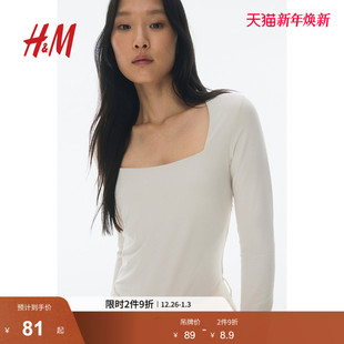 长袖 HM女装 打底衫 复古舒适休闲方领法式 上衣1089811 T恤冬季