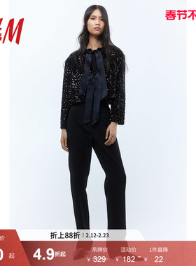 HM女装短外套春季时尚礼服晚宴节日饰蝴蝶结亮片开衫1258249