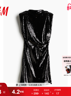 HM女装连衣裙冬季亮片垫肩修身晚宴节日party小礼服裙1251994