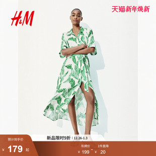 宽松短袖 HM女装 式 腰部系带衬衫 植物印花长裙1217576 连衣裙冬季