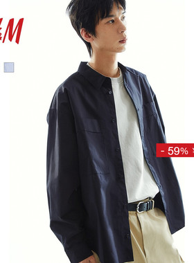 HM男装衬衫2025冬季新款长袖宽松版型法式前襟工装衬衫1271715