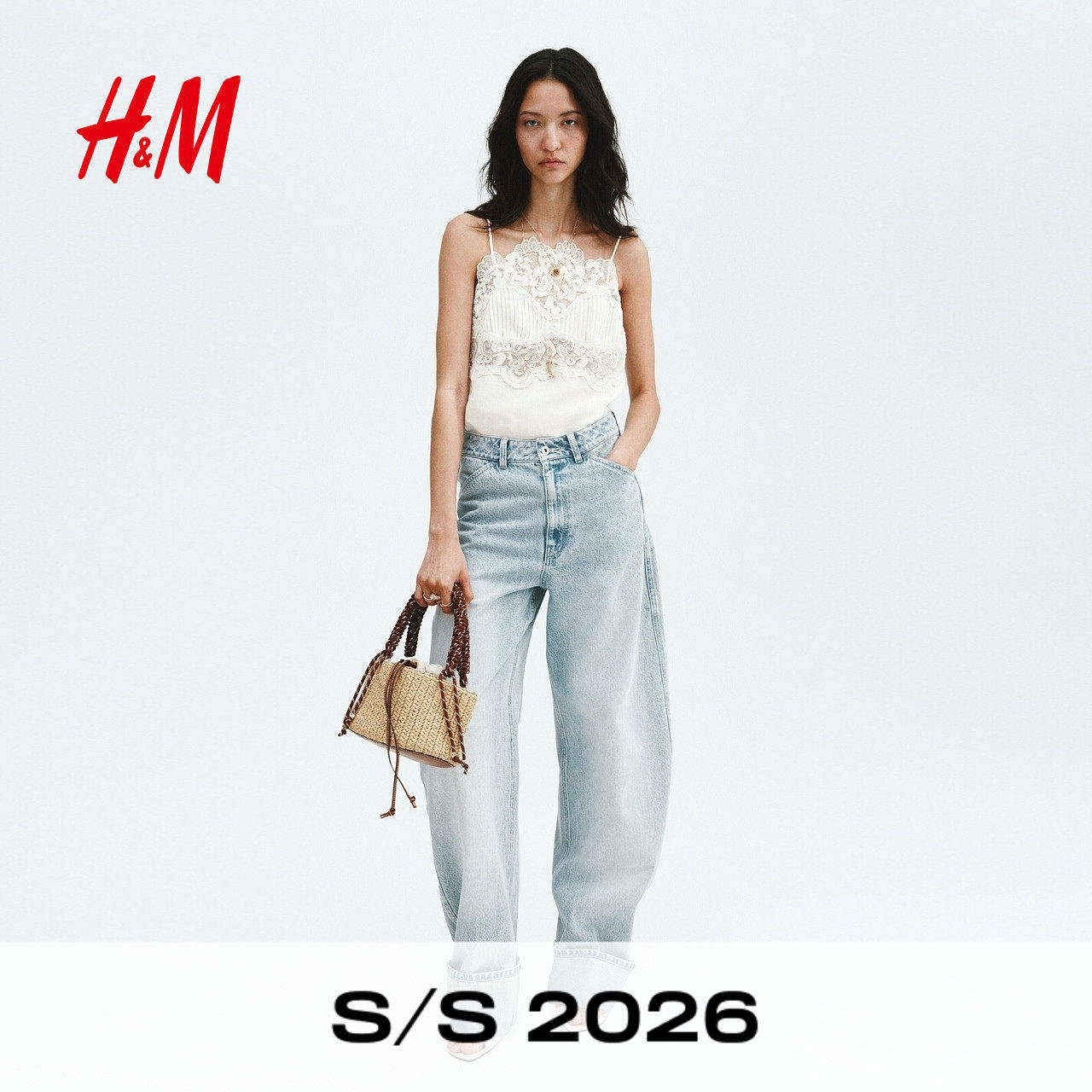 HM2026夏季新款女装蕾丝装饰亚麻混纺上衣1341362