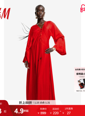 HM女装连衣裙冬季红色新年V领微光泽感系带卡夫坦连衣裙1237873