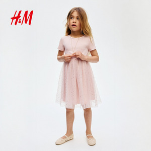 HM童装儿童女童裙子春季洋气短袖甜美薄纱裙摆公主裙1281499