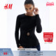 HM女装 打底酒红色上衣1306157 饰裙摆长袖 T恤冬季 圆领装