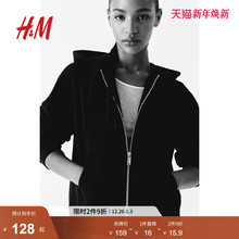 HM女装卫衣冬季简约休闲舒适落肩长袖拉链连帽衫1213772