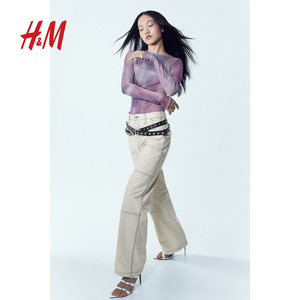 HM女装裤子夏季时尚美拉德穿搭直筒斜美式工装裤1202681