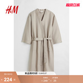 HM女士家居服睡袍四季 柔软华夫格有口袋绑带浴袍睡袍0991755