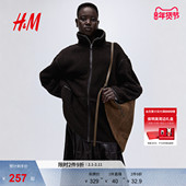 HM女装 短外套冬季 高领泰迪绒拉链宽松保暖外套1308812