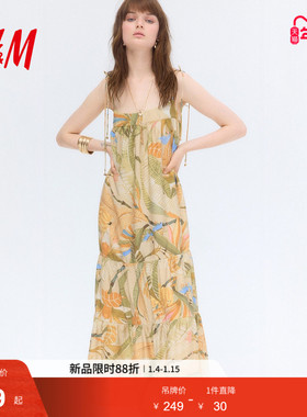 HM女装连衣裙春季吊带系带宽松度假风植物印花长裙1290424
