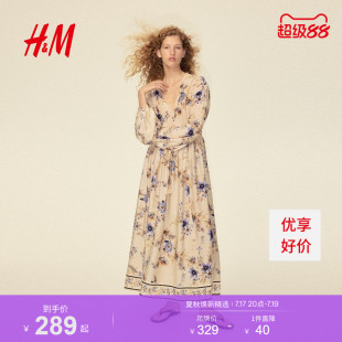 HM女装连衣裙2026秋季新款时尚度假气质印花系带连衣裙1348953