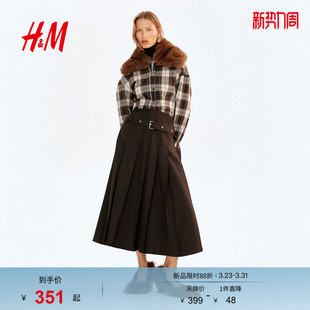 书呆子格纹衬衫 收腰斜纹布格纹翻领单排扣衫 1307334 衬衫 HM女装