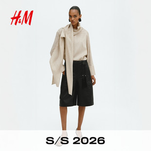 亚麻混纺围巾领上衣1335116 女装 HM2026春季 新款