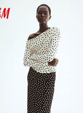 HM女装T恤2026春季新款修身高级白色波点垂坠单肩上衣长袖1332407