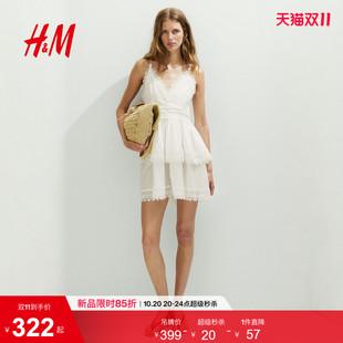 HM女装连衣裙2026新款气质透气蛋糕蕾丝饰边棉质裙子1337769