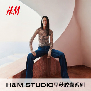 HM女士T恤2025秋季 垂褶网纱上衣1290853 新款