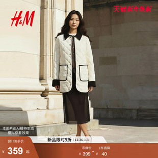 撞色棉服菱格纹巴恩风中长款 新款 夹克1000048 棉服2025冬季 HM女装