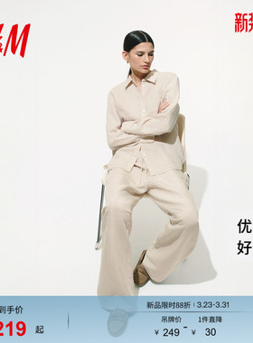 HM女装衬衫春季透气慵懒松驰感极简上衣亚麻衬衫有领上衣1219107