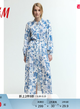 HM女装连衣裙春季中式领泡泡袖收腰青花瓷印花长裙1272213
