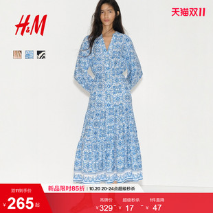 HM女装连衣裙2026秋季新款灯笼袖宫廷印花蛋糕连衣裙1347763