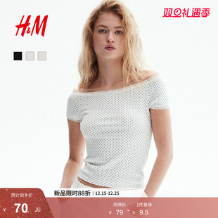 短袖 HM女装 一字领露肩修身 新款 蕾丝边短上衣1292707 T恤2025冬季