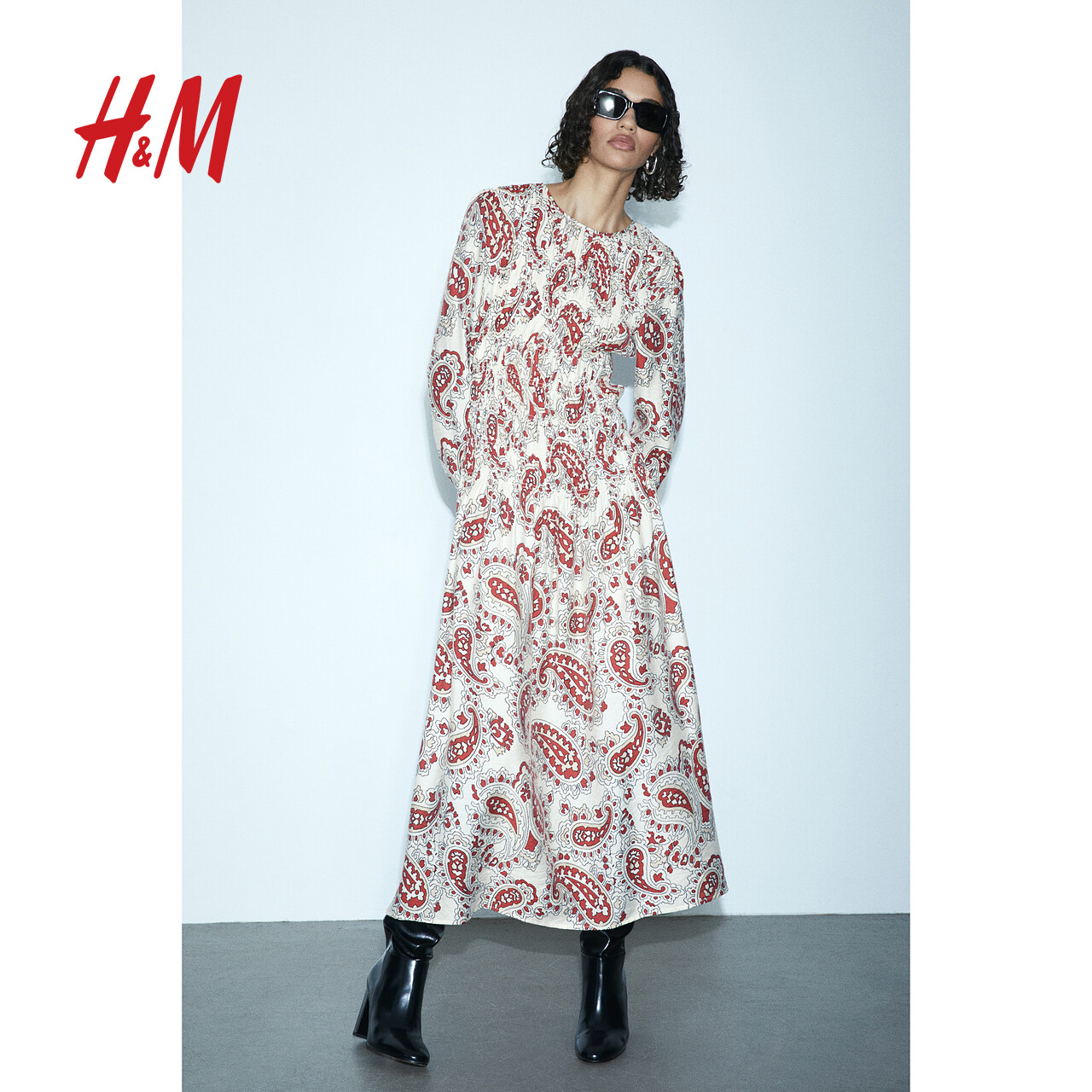 HM女装连衣裙2023秋季新款时尚休闲缩褶圆领灯笼长袖长裙1196982