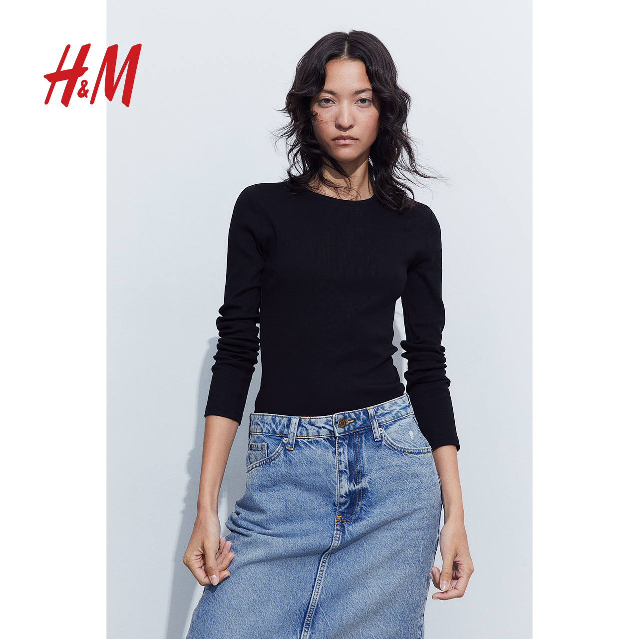 HM女装T恤2023冬季新款圆领弹性内搭修身罗纹长袖打底衫1197537