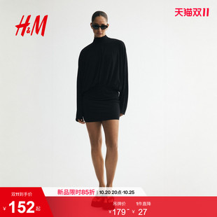 HM女装连衣裙2026秋季新款蝙蝠袖系带汗布绉织长袖裙子1349592
