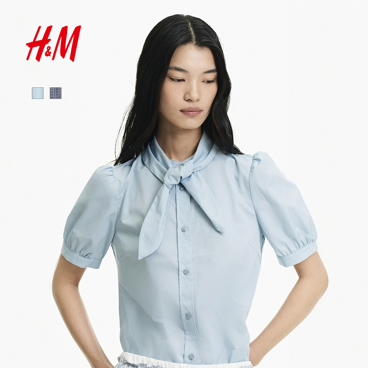 【迪士尼系列】HM女装衬衫2026秋季新款泡泡袖围巾领上衣1353484图片