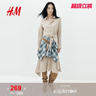 HM女装连衣裙2026秋季新款系带衬衫式中长款长袖加绒裙子1361767