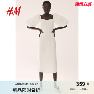 HM女装 中长裙1238363 连衣裙秋季 优雅气质方领收腰灯笼袖
