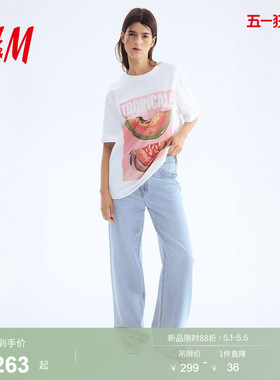 【Edition系列】HM女装T恤夏季休闲印花图案珠饰短袖上衣1281326