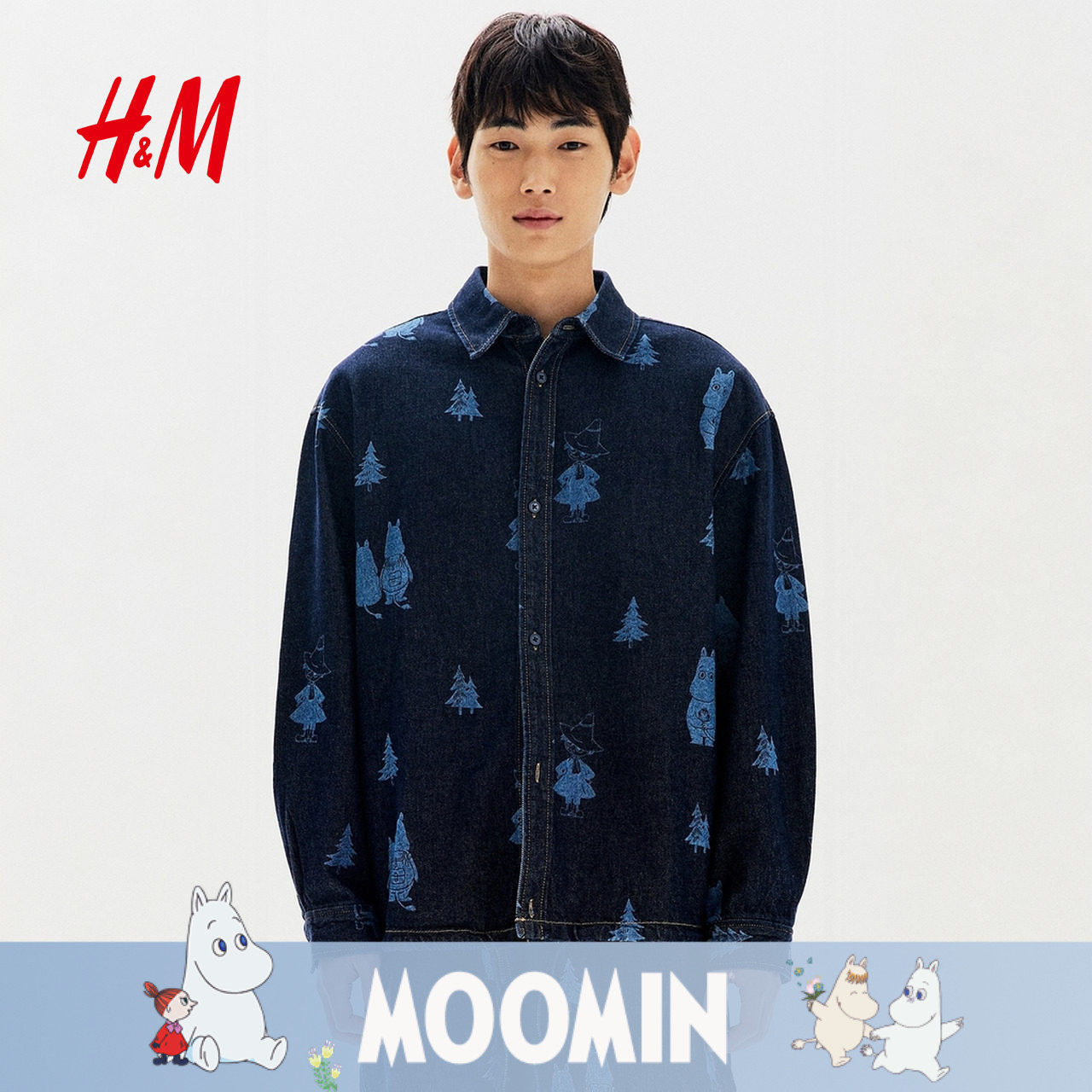 【MOOMIN姆明联名系列】HM男装衬衫2026新款印花牛仔上衣1366298