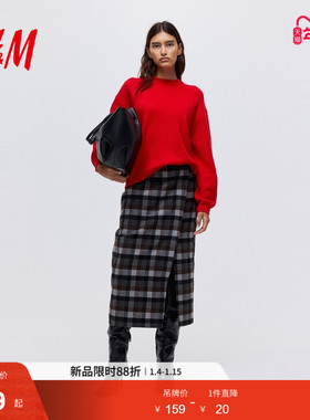HM女装毛针织衫冬季红色毛衣打底衫慵懒法式毛衣0983240