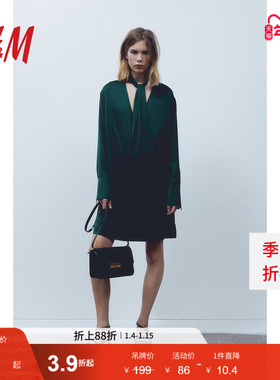 HM女装连衣裙春季轻柔V领垂坠系带缎质连衣短裙1207292