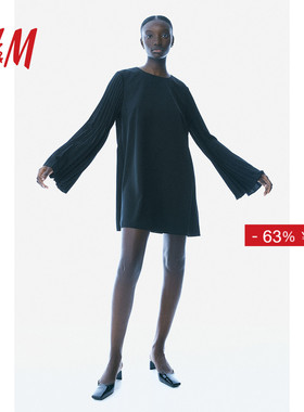 HM女装连衣裙冬季休闲优雅法式宽松圆领长袖褶裥袖短裙1242802