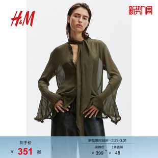 春季 衬衫 HM女装 蝴蝶结领口宽松雪纺上衣1264585 致臻系列