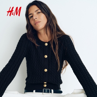 新款 2026春季 时尚 圆领长袖 1264094 HM女装 单排扣绞花开衫 毛针织衫