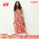 缩褶植物印花吊带长裙1275861 红色无袖 HM女装 无领连衣裙春季