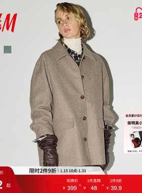 HM女装毛呢外套冬季翻折领单排扣格雷系毛呢短大衣1284359