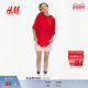 HM女装 红色T恤冬季 打底汗布罗纹领口大廓形T恤1137208