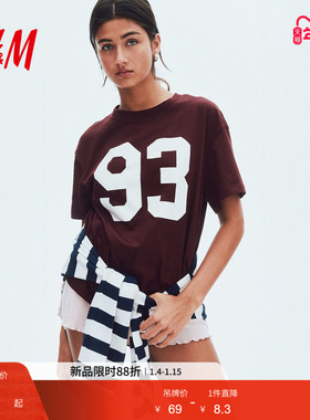 HM女装T恤春季圆领宽松字母印花美式短袖时尚上衣1292500