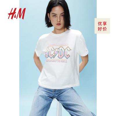 HM女装T恤2024夏季新款舒适棉质图案印花时尚休闲短袖上衣0762470