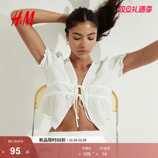 泡泡纱短袖 2025冬季 衬衣皱感正面系带宽松上衣1299542 衬衫 HM女装