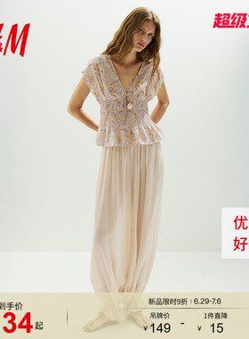 HM女装衬衫2026夏季新款荷叶边印花时尚V领褶皱短袖上衣1323323