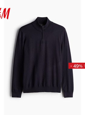 HM男装毛衣25冬季合身版型上部配拉链细密针织套衫1234392