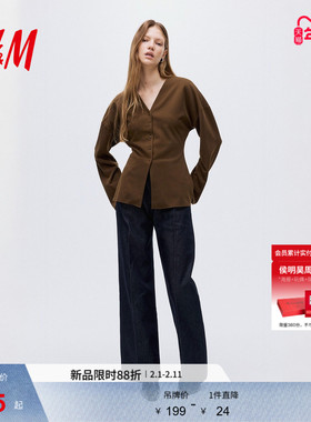 HM女装衬衫春季V领正面系扣酒红色气质衬衣上衣1310073