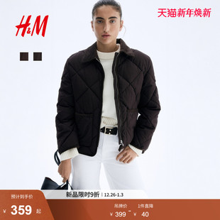 绗缝灯芯绒翻折领保暖外套1265267 新款 HM女装 菱格纹棉服2025冬季