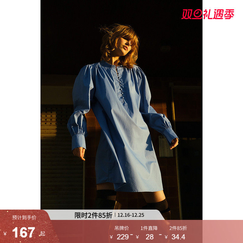 HM女装连衣裙冬季时尚休闲舒适法式气质灯笼袖纯棉A字裙12647